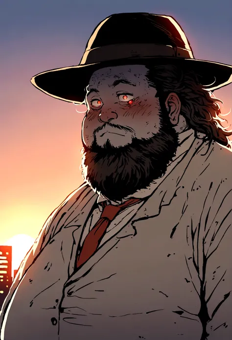 Beautiful cityscape photo at sunset,original,Overweight, Wearing a fedora hat, neckbeard, Rough skin, Bloodshot eyes, Poor hygiene, Greasy Hair