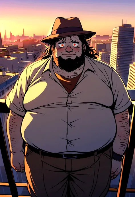 Beautiful cityscape photo at sunset,original,Overweight, Wearing a fedora hat, neckbeard, Rough skin, Bloodshot eyes, Poor hygiene, Greasy Hair