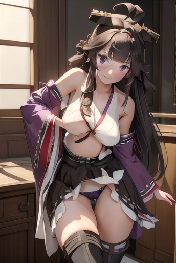 Congo Ship, black, ahoge, chestnut hair, double good, hair bun, hair elastic, harness, long hair, (purples eyes:1.1), 
Breaking boots, removable sleeves, kimono, Non-Traditional Shrine Maiden, tape trim, Sleeves trimmed with ribbon, knee high boots, wide s...