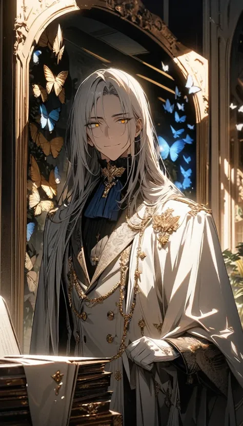 (masterpiece:1.5)，best quality，(1 Handsome man)，alone，white long length hair，(yellow eyes), (A soft smile)，elegant，perfect face，Long black trench coat，white and blue cloth，white leather gloves，white lining，Slightly muscular body，High，8K，Beautiful contrast ...