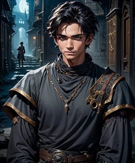 (((single character image.))) (((1boy)))   (((dressed in medieval fantasy attire.))) looks shabby and sinister.  design a fantas...