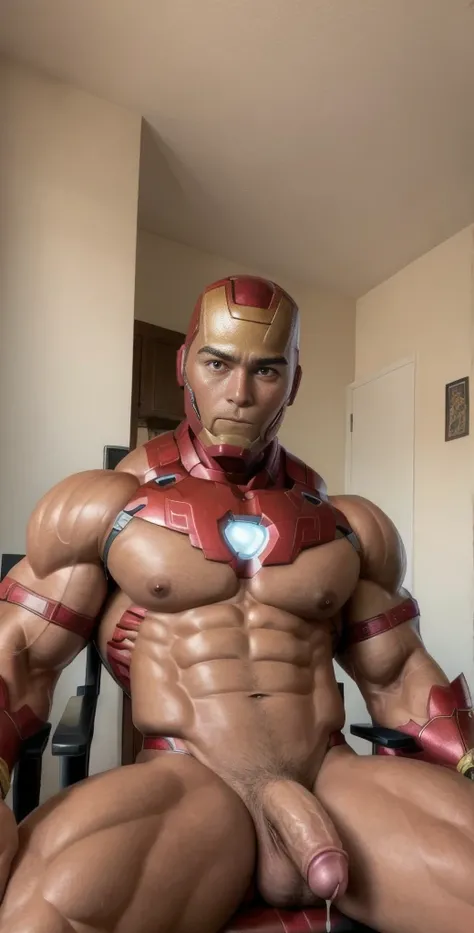 (masterpiece, intricately detailed, highest resolution, best quality:1.2), (doujin), a cocky Latino Instagram influencer,a 24 y.o muscle stud with a muscular physique sitting on a chair with black eyes,dark-skinned male, wearing a ((Ironman inspired costum...