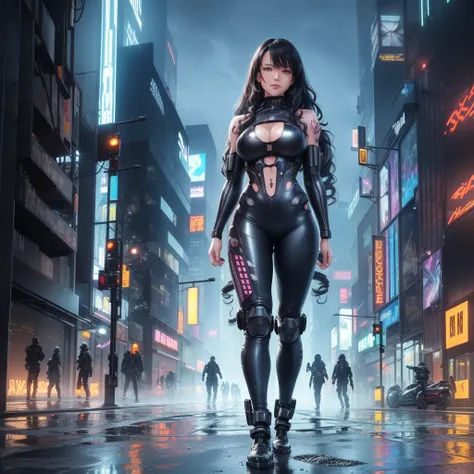 masterpiece, detailed shadows, detailed background, best quality, expressive eyes, perfect face), (((cyborg, expressive clothes)), ((long curly hair)), (wearing techwear clothes, techwear fashion, techwear trousers, cyberpunk), ,cleavage, ((expressive-tatt...