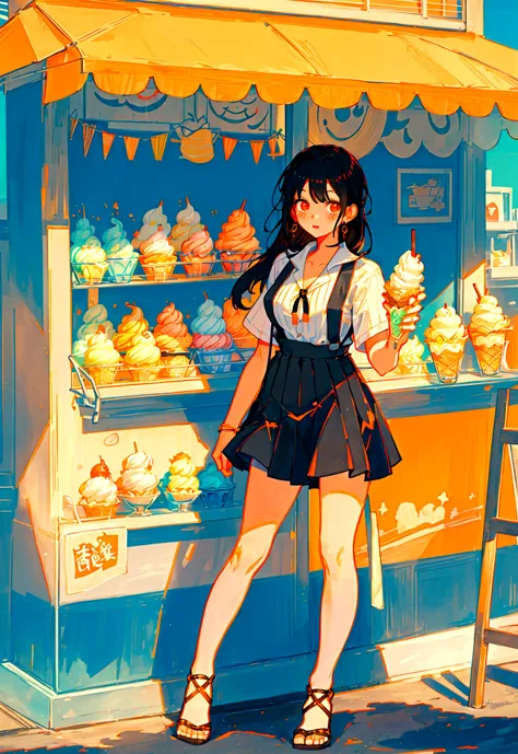 At the beachfront drink shop，Black hair girl，Wearing an orange striped suspender skirt，ice cream