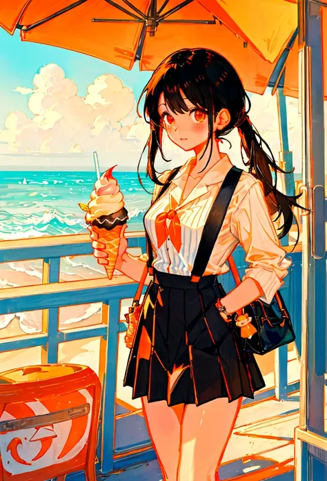 At the beachfront drink shop，Black hair girl，Wearing an orange striped suspender skirt，ice cream