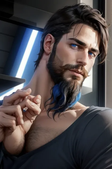 A man with blue eyes and a beard and dark hair