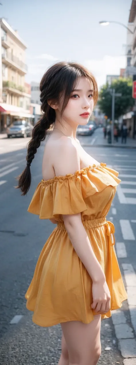 a woman posing on the street corner with orange dress on, best quality, 1 Girl, Large Breasts, sky, bright, Blurred Background, bokeh, outdoor, (street:0.8), (people, crowd:0.8), (Off-shoulder dress:1.2), Gorgeous, (Braided Bangs:1.2), Beautiful and delica...