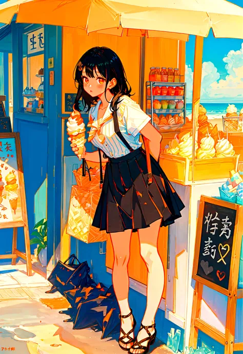 At the beachfront drink shop，Black hair girl，Wearing an orange striped suspender skirt，ice cream