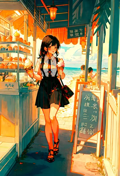 At the beachfront drink shop，Black hair girl，Wearing an orange striped suspender skirt，ice cream