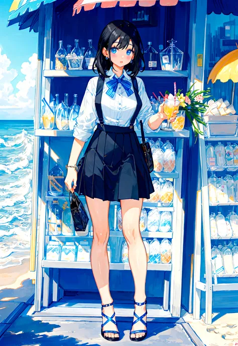 At the beachfront drink shop，Black hair girl，Wearing a blue striped suspender skirt