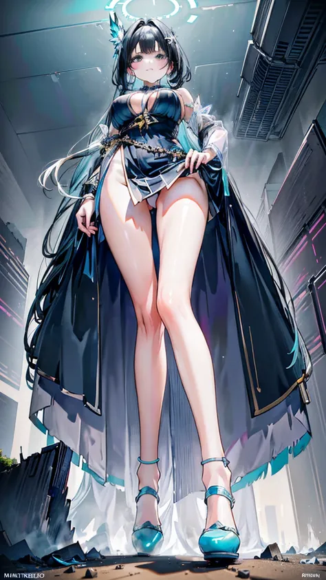 A mystical giantess, in a flowing blue dress adorned with glowing runes, with long black hair and ethereal silver eyes, strides through an enchanted forest. Her powerful legs crush ancient trees and magical creatures underfoot. She gazes at the tiny humans...