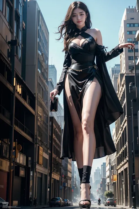 Ground View，City of Giants,500 foot tall giant girl，skyscraper,Has super long legs,Step into the crowd，There are many people on the street,A pair of huge breasts，Princesse Shiny Skirt,Black Silk Socks，She has waist-length black hair，Wear Mary Jane heels，A ...