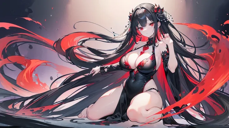 (Exquisite eyes),(Clear and beautiful eyes:1.61),masterpiece, 1 young girl,(Black clothes and some red gems), Black long hair, (She has a huge red gem on her chest), Good Hand,((The Havoc of StarCraft)),full-body shot,Fighting Stance,(Red Eyes:1.466)，short...