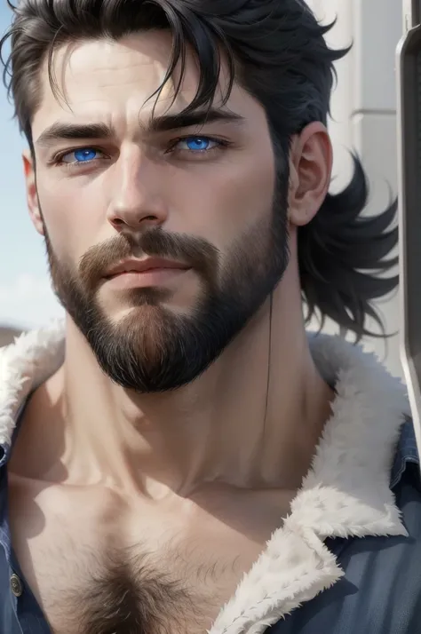 A man with blue eyes and a small beard and dark hair