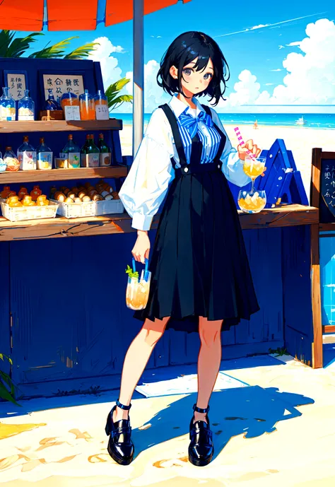 At the beachfront drink shop，Black hair girl，Wearing a blue striped suspender skirt