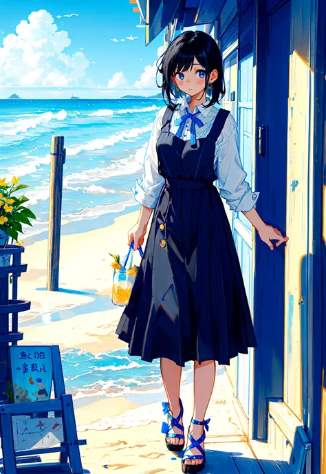 At the beachfront drink shop，Black hair girl，Wearing a blue striped suspender skirt