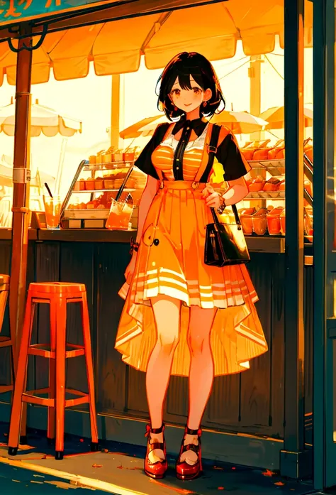 At the beachfront drink shop，Black hair girl，Wearing an orange striped suspender skirt，ice cream