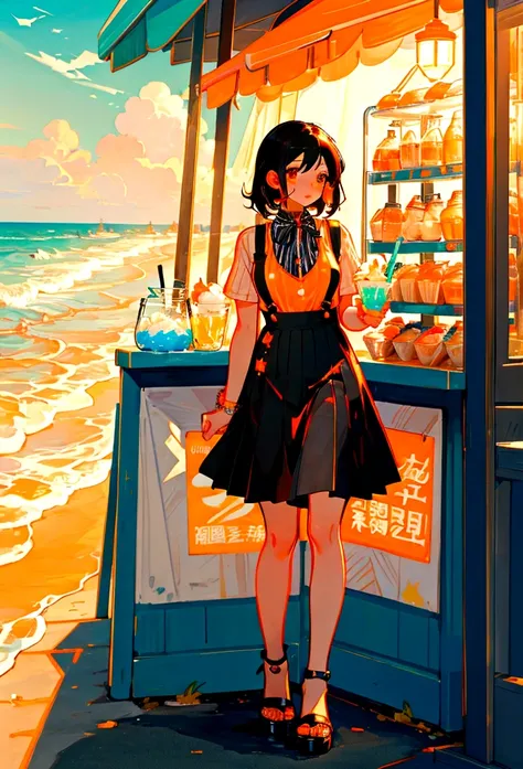 At the beachfront drink shop，Black hair girl，Wearing an orange striped suspender skirt，ice cream