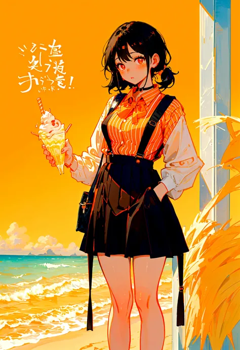 At the beachfront drink shop，Black hair girl，Wearing an orange striped suspender skirt，ice cream