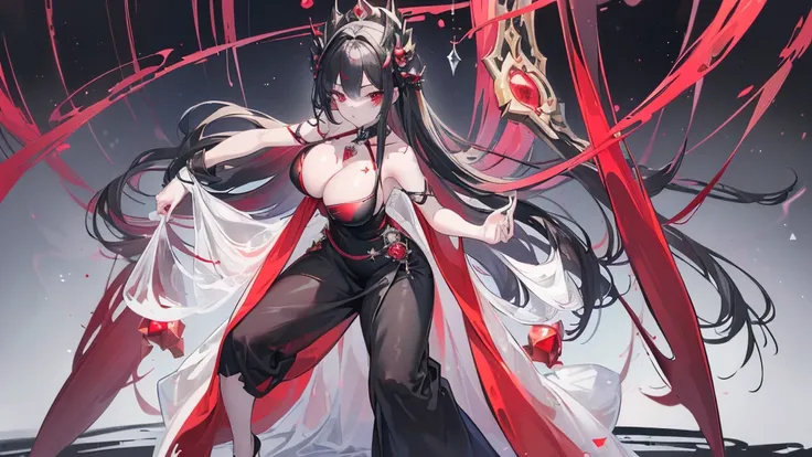 (Exquisite eyes),(Clear and beautiful eyes:1.61),masterpiece, 1 young girl,(Black clothes and some red gems), Black long hair, (She has a huge red gem on her chest), Good Hand,((The Havoc of StarCraft)),full-body shot,Fighting Stance,(Red Eyes:1.466)，short...