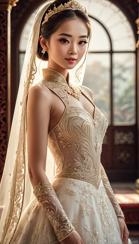 A tall Asian bride, full image of bride, posing front on, wearing a full white bridal gown, beautiful detailed eyes, beautiful detailed lips, extremely detailed face, long eyelashes, elegant pose, intricate embroidery on the dress, shimmering fabric, natur...