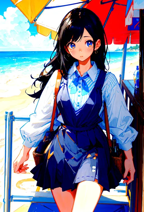 At the beachfront drink shop，Black hair girl，Wearing a blue striped suspender skirt