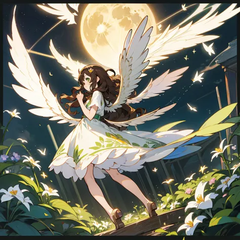 brown hair, wavy hair, straight hair, kawaii, anime, Cute, hyper quality, highly detailed, full body, 16k, green eyes, private clothes, wings on the back of body, one girl, nature background, moonlight, Meteor shower, light effects, Wings of light, one bro...