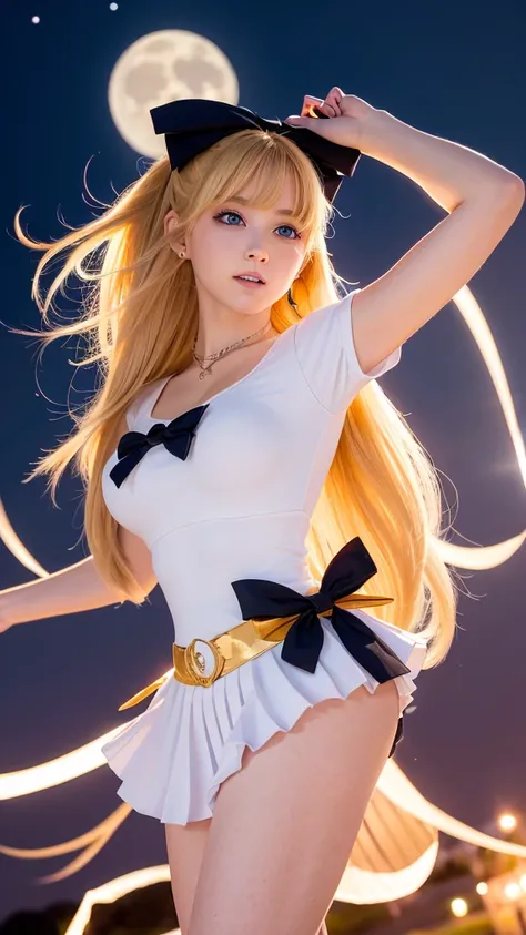 Create a highly detailed image of a character inspired by Sailor Venus from the Sailor Moon series. She is standing in an elegant pose, wearing her traditional sailor scout uniform which includes a white bodice with a large orange bow at the chest, a blue ...