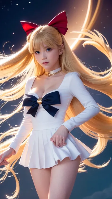 Create a highly detailed image of a character inspired by Sailor Venus from the Sailor Moon series. She is standing in an elegant pose, wearing her traditional sailor scout uniform which includes a white bodice with a large orange bow at the chest, a blue ...