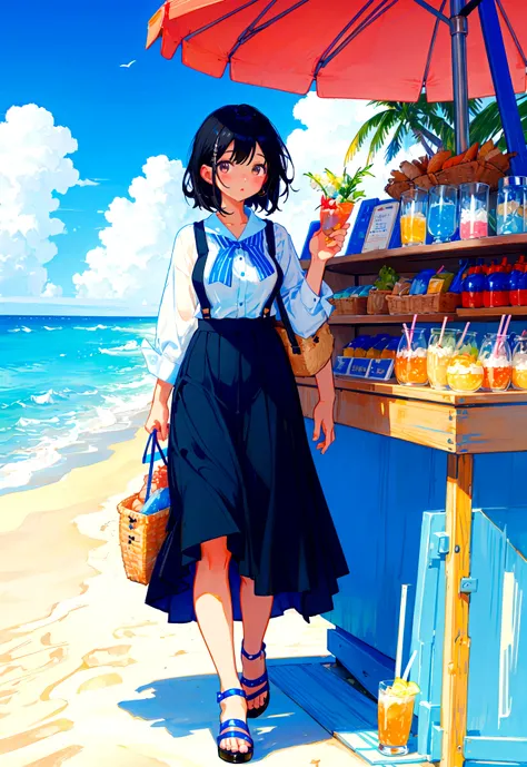 Beach drink shop，Black hair girl，Wearing a blue striped suspender skirt