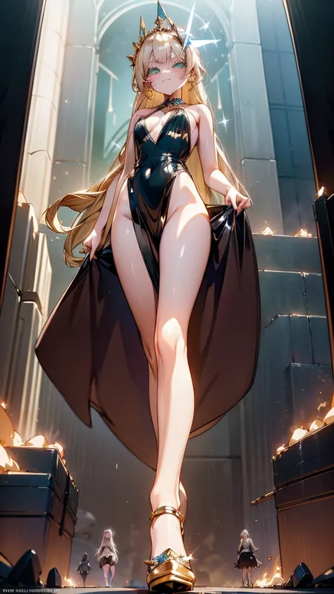 A glamorous giantess in a sparkling sequined dress, with long platinum blonde hair and captivating green eyes, strides through a bustling Hollywood set. Her towering form crushes props and set pieces beneath her stilettos. She gazes down at the tiny actors...