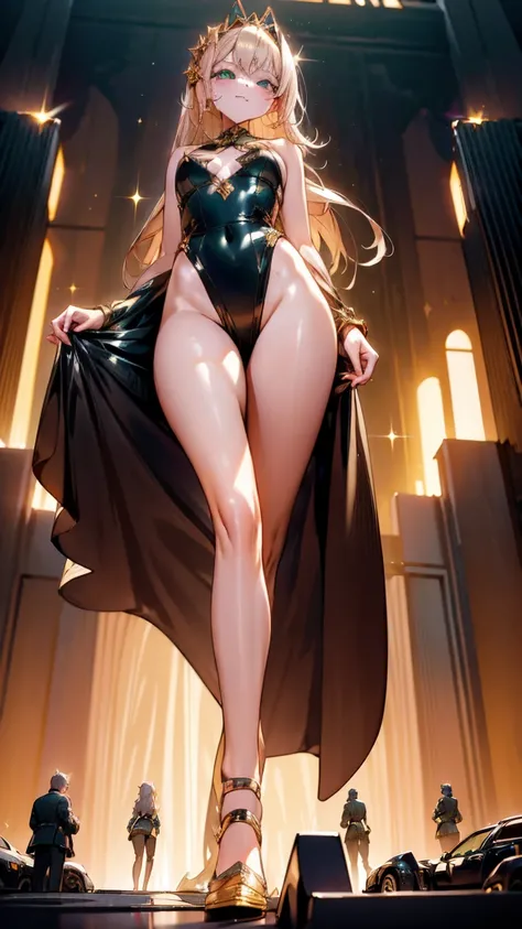 A glamorous giantess in a sparkling sequined dress, with long platinum blonde hair and captivating green eyes, strides through a bustling Hollywood set. Her towering form crushes props and set pieces beneath her stilettos. She gazes down at the tiny actors...