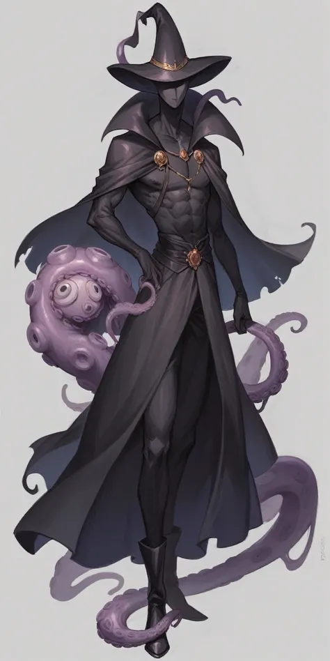 A full body concept art illustration of the Mind Flayer. The character has human-like proportions, being tall, slender, and muscular. The character hasOctopus-like head。The character has tentacles extending from its chin, and its skin is a light purple, al...