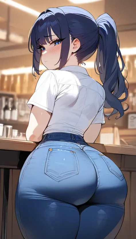 (best quality,masterpiece) thicc, 1 girl, small breasts, wide hips, thick thighs, shy, ponytail, dark blue hair, narrow waist, blue jeans, white shirt,blue eyes,back view
