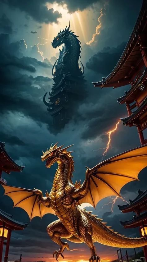 Realistic and spectacular golden Japanese wingless dragon with glowing eyes。The body is long like a snake.。She strikes a powerful pose against the backdrop of a dramatic stormy sky, rising from a torii gate lit by the golden rays of the set… Stretch Downlo...