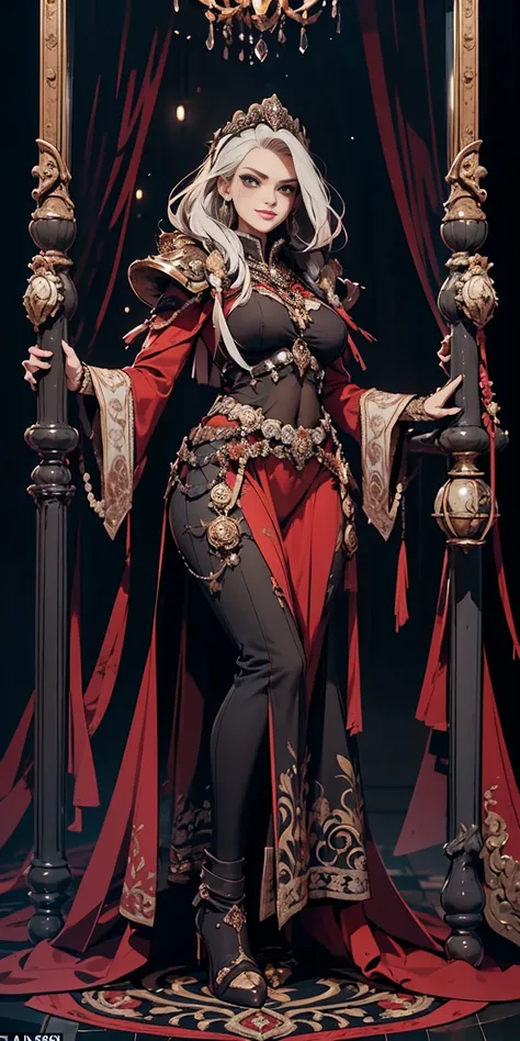 Setting: Royal bedroom - Grand, opulent, with rich fabrics and tapestries Character: Appearance: White hair - Short, styled in a sharp bob Full figure - Curvaceous Attire: High boots - Leather, reaching up the calves Elegant outfit - Befitting the royal se...