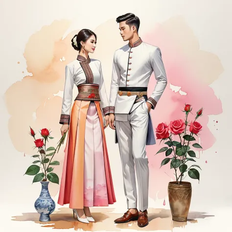 candid fashion illustration of two young man and women, 20-27 year old, adorned in a meticulously crafted North Thai Lanna traditional costume, ((showcase in cotton handwoven outfit)), simple elegant style, The man wears a simple long-sleeved white mandari...