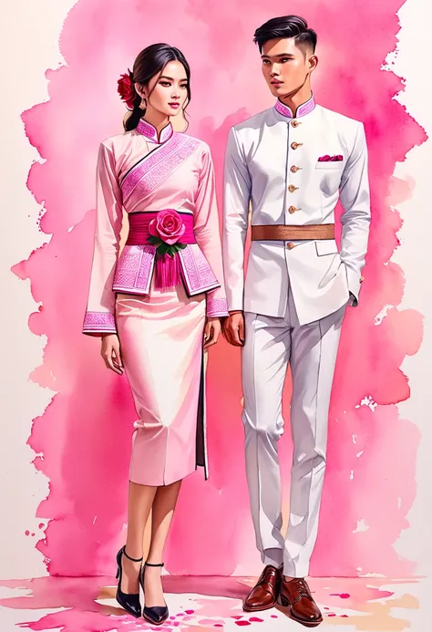 candid fashion illustration of two young man and women, 20-27 year old, adorned in a meticulously crafted North Thai Lanna traditional costume, ((showcase in cotton handwoven outfit in pink)), simple elegant style, The man wears a simple long-sleeved white...