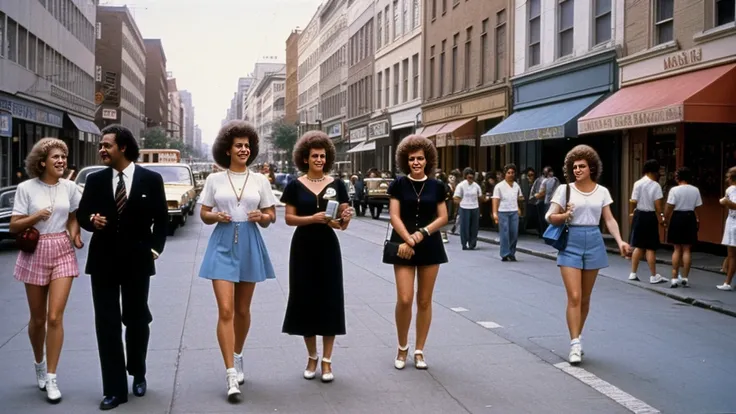  A 1980s street scene with various people using the first mobile phones, emphasizing its introduction to daily life.