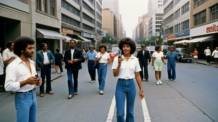  A 1980s street scene with various people using the first mobile phones, emphasizing its introduction to daily life.