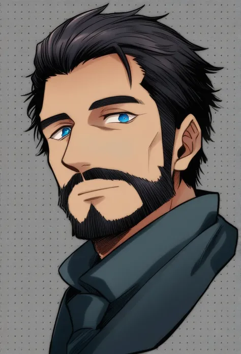 A man with blue eyes and a small beard and dark hair