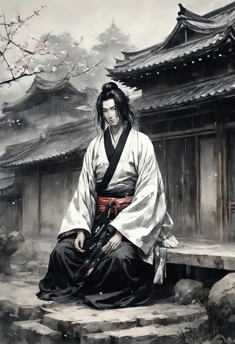 Black and white painting,Ink Painting,male、splash,Disheveled long hair、,Countryside Kimono,Sitting cross-legged,seppuku,Seppuku,