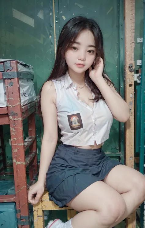 masterpiece , beautiful 28 years old , gigantic large breast , cleavage , sleeveless , ((wearing high school uniform)) , high sc...