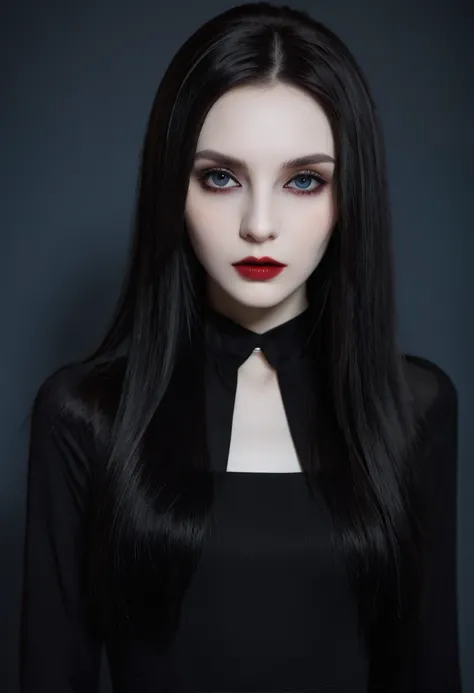 (high quality: 1.3), Lenses, masterpiece, (Clear focus: 1.5), (Reality: 1.3), Medium Portrait (A young beautiful vampire woman, Pale skin, Gothic, Still proud and fierce, Black Straight long Bob Hairstyle, Dark, Wearing a very fine dark tunic, Dark atmosph...