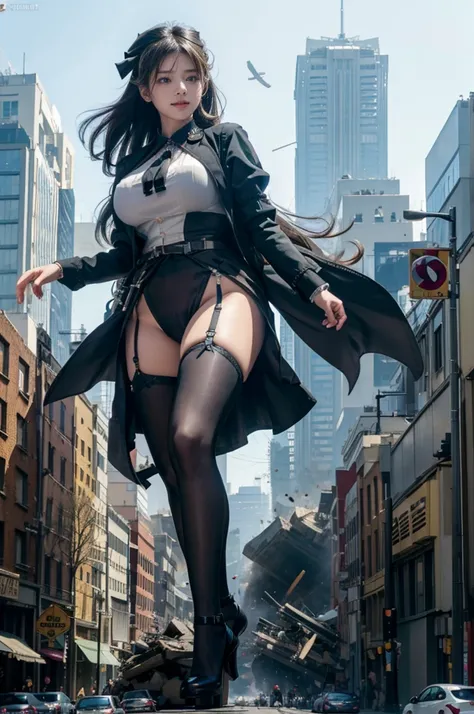 Urban hustle and bustle、Traffic jam、City of Rubble、street tree、((((Azur Lane Cheshire))))、Maid clothes、Super huge breasts、Plump thighs、Ground View，City of Giants,500 foot tall giant girl，skyscraper,Has super long legs,Step into the crowd，There are many peo...