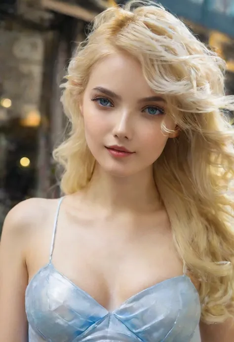 （（（European Caucasian Woman）））、（（（Mary, 18 years old）））、one person、（Thin contours、blue Eye）、（Thin contours）、（Big Breasts:1.5）、Narrow waist、（（（White and translucent skin:1.3）））、Beautiful, shiny blonde medium-long hair、8-head-tall model style、Waist-down angl...