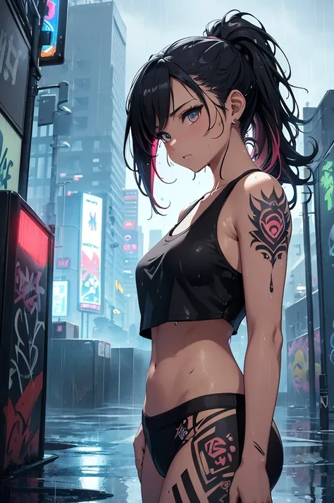 masterpiece, concept art, centered, wide shot, front view, 1girl name Mani (Kaiju No8), wet, (rain, night) , body tattoo, multicolored ponytail hair, tank top, cute, stylish, sexy pose, graffiti wall background, city landscape, (epic composition, epic prop...