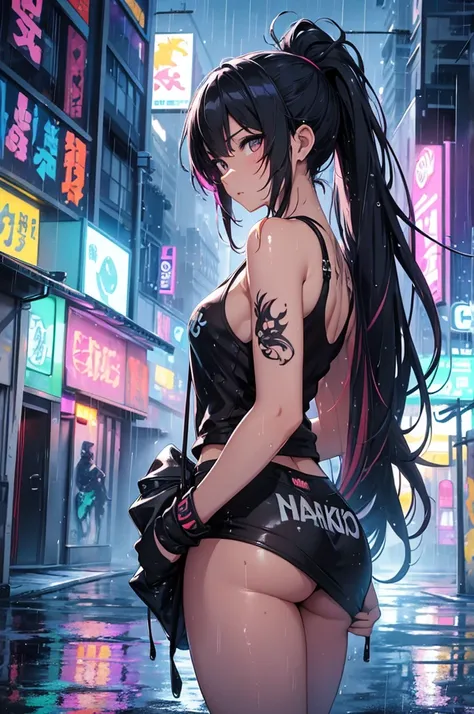 masterpiece, concept art, centered, wide shot, front view, 1girl name Mani (Kaiju No8), wet, (rain, night) , body tattoo, multicolored ponytail hair, tank top, cute, stylish, sexy pose, graffiti wall background, city landscape, (epic composition, epic prop...