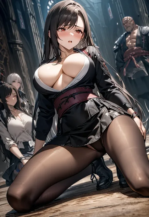 masterpiece, 最high quality, High resolution,  Final Fantasy 7、Tifa Lockhart、Black torn clothes 、Black ripped pantyhose、Dark church at night、sexy、Wearing a mini skirt、Thin legs、Big Breasts、Slim figure、high quality　CG Tone、Torn black panties、Defeat scene、Los...