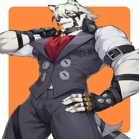 Anime character with cat face and red tie, SFW version, official character art, High resolution fee, art style &quot;guilty mechanism&quot;, anthropomorphic male wolf, varguyar style, God Brando, as an Overwatch character, Winston from Overwatch, nasty gri...